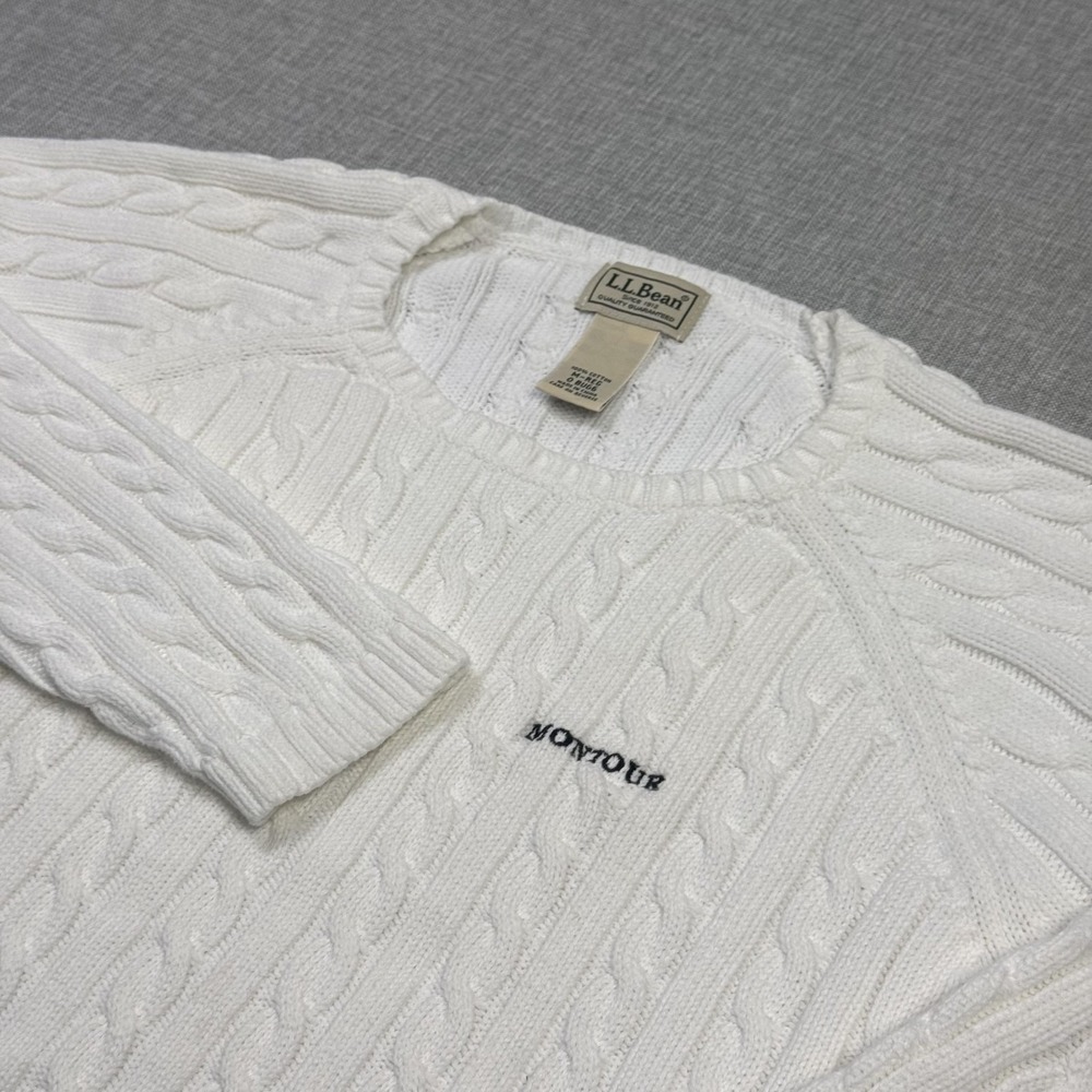 L.L. Bean Cotton Cable Knit Sweater Pullover Women M White Crew Neck Embroidered